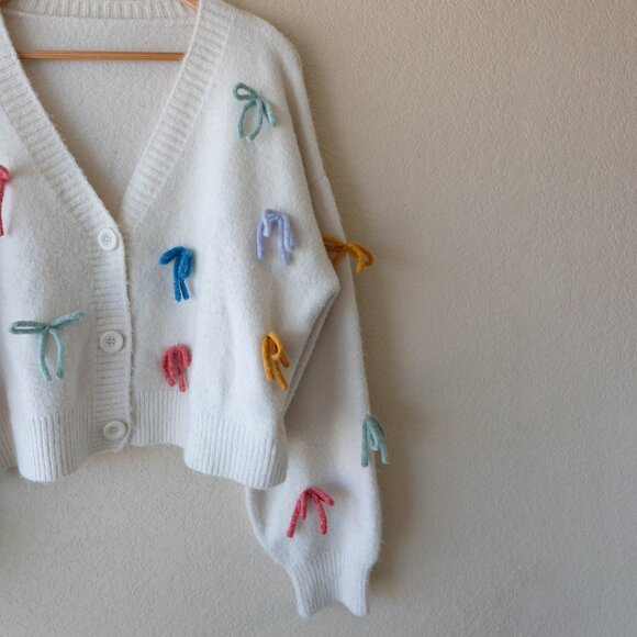 Cider Cardigan Sz M CreamKnit V-neck Multicolo Bows Oversized Cardigan Pastel - Picture 4 of 10